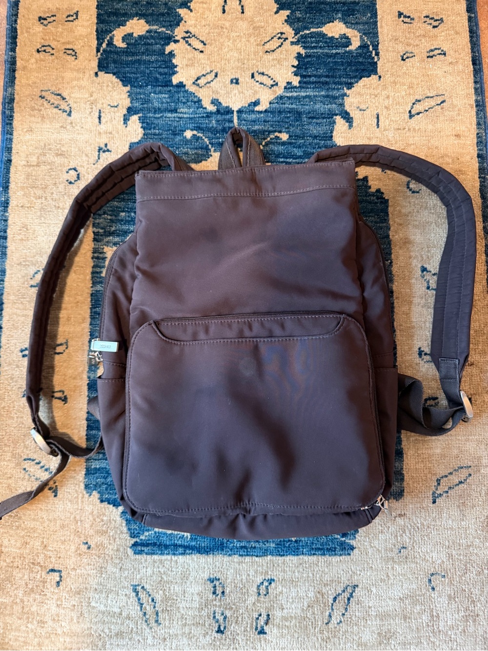 Vintage HOBO Dark Brown Nylon Backpack with Front Pocket & Magnetic Clasps